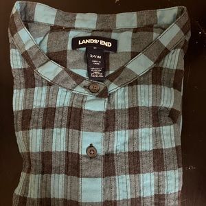 Lands End 24W 3/4 length sleeve blue and black Buffalo plaid shirt
